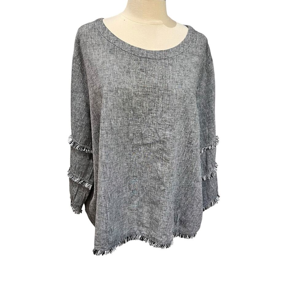 C&C California Gray Marled Linen & Cotton Fringe Trim Boxy Top Size 3X